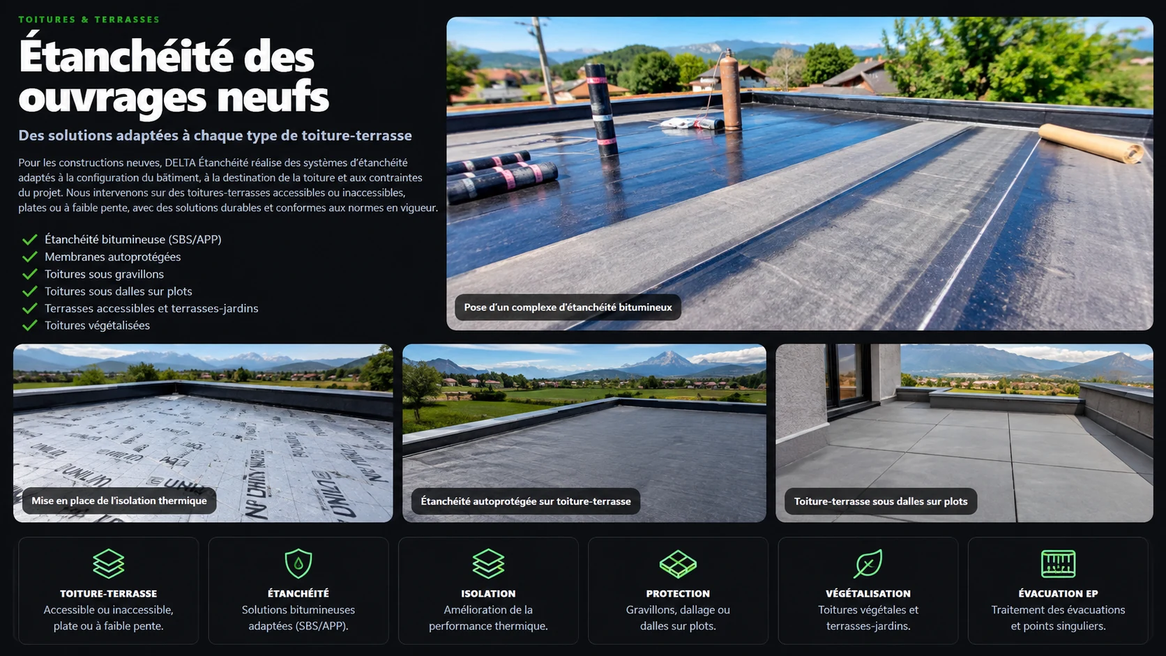 Illustration des solutions d’étanchéité des ouvrages neufs en toiture-terrasse : étanchéité bitumineuse, isolation, protection et végétalisation